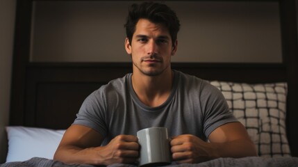 A man sits on a bed, holding a dark mug in his hands, 