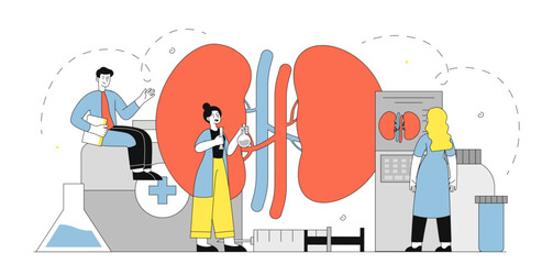 Team of urologist. Man and women in medical uniform analyzing kidneys. Diagnosis and treatment. Anatomy and nephrology. Healthcare and medicine. Linear vector illustration