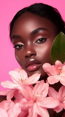Close-up Portrait of a Woman Holding a Pink Flower, Complemented by a Pink Background, Exuding Beauty and Confidence in Feminine Elegance