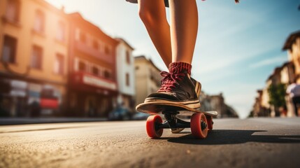 low angle view of girl who is riding on skateboard on the asphalt.