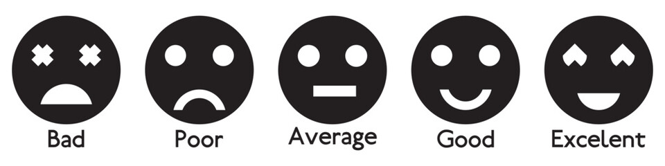 Feedback emoticons rating emojis. Smiley icon set , happy, neutral, sad, emoji, flat icon - Customer satisfaction rating scale with good and bad emotions.