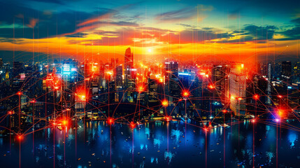Obraz premium Smart City Telecom Network at Sunset - Digital Connectivity in Urban Scenery, Abstract Mixed Media Concept