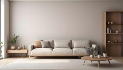 A modern, minimalist living room with a large beige sofa, wooden shelves, and a neutral color palette