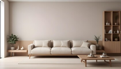 A modern, minimalist living room with a large beige sofa, wooden shelves, and a neutral color palette