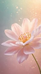 A delicate pink flower in soft focus, glowing against a dreamy, warm gradient background. Gentle sparkles surround the bloom, creating an ethereal, magical atmosphere.