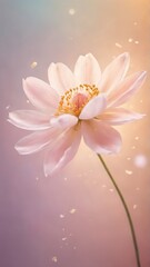 Obraz premium A delicate pink flower in soft focus, glowing against a dreamy, warm gradient background. Gentle sparkles surround the bloom, creating an ethereal, magical atmosphere.