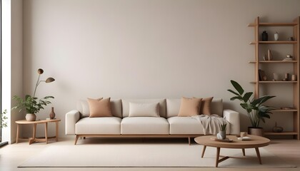 A modern, minimalist living room with a large beige sofa, wooden shelves, and a neutral color palette