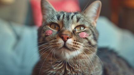 Tabby Cat with Pink Cheek Marks Close-Up