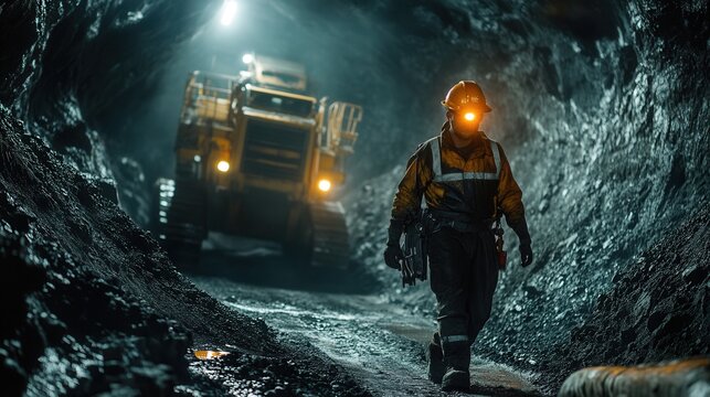 Rugged miner working deep underground amidst a network of tunnels with powerful machinery dramatic lighting highlighting hard work and determination