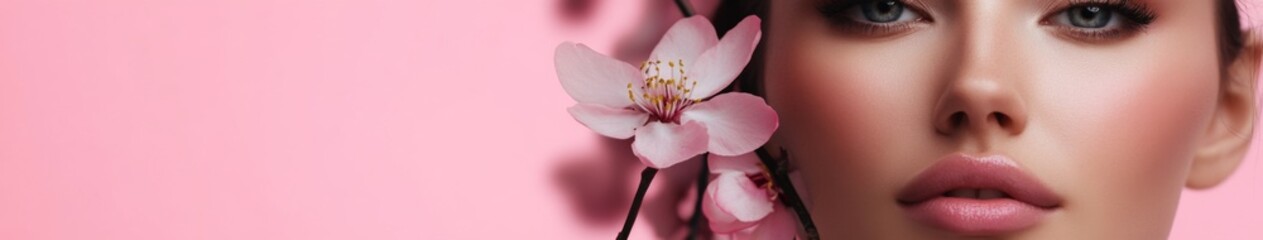 Close-up Portrait of a Woman Holding a Pink Flower, Complemented by a Pink Background, Exuding Beauty and Confidence in Feminine Elegance