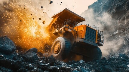 Dynamic scene of a mining drill breaking rock with sparks and dust flying capturing the intense energy of the operation