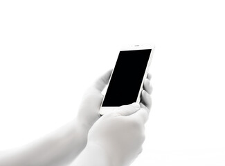 An Android robot holds a smartphone in its hands. Futuristic technology concept	