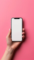 Mockup blank screen smartphone in hand isolated in pink background, mobile app design and advertising, online marketing concept