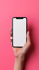 Mockup blank screen smartphone in hand isolated in pink background, mobile app design and advertising, online marketing concept