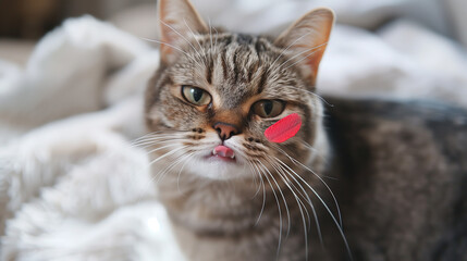 Tabby Cat with Pink Cheek Marks Close-Up