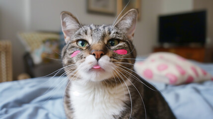 Tabby Cat with Pink Cheek Marks Close-Up