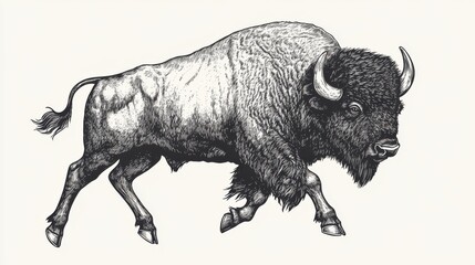 Black and white Vintage engraved art of a bison charging sideways, isolated on white background, ink sketch illustration, simple vector art design, highly detailed line art, high contrasty 