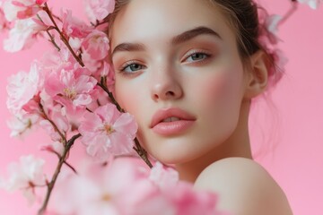 Naklejka premium Close-up Portrait of a Woman Holding a Pink Flower, Complemented by a Pink Background, Exuding Beauty and Confidence in Feminine Elegance