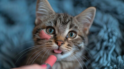 Tabby Cat with Pink Cheek Marks Close-Up