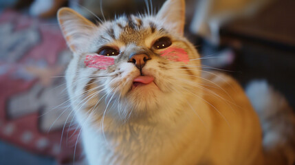 Tabby Cat with Pink Cheek Marks Close-Up