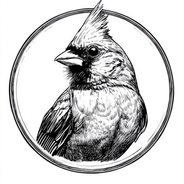 recommend clip art: Black and white Vintage engraved art of a cardinal in a circular stamp logo style, isolated on white background, ink sketch illustration, simple vector art design, highly detailed line art