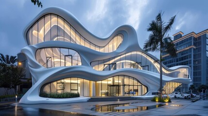 Abstract architectural form with flowing lines and organic shapes illuminated at night