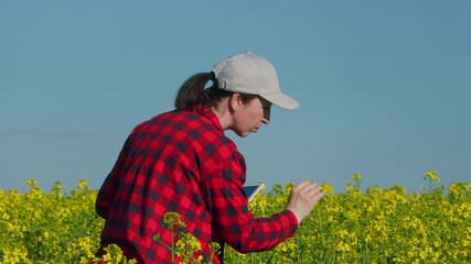 Portrait Of A Happy Farmer With A Tablet Standing In A Rapeseed Field. Female Farmer Agronomist Using Innovative Technology Tablet Computer In Blooming Rapeseed Field. - Powered by Adobe