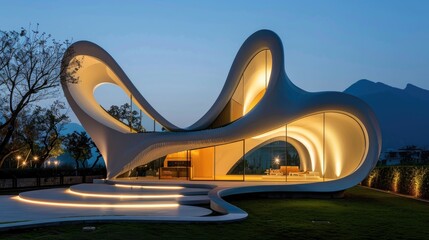 Abstract architectural form with flowing lines and organic shapes illuminated at night