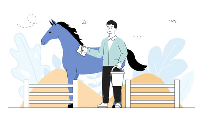 Man washing horse. Young guy with bucket of water and rag washes domestic animal and livestock. Equestrian and jockey in horse stallion. Linear vector illustration