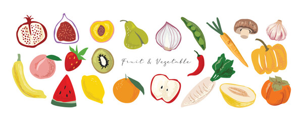 Fruit and Vegetables in minimal style set, icon collection, drawing food elements for design menu label packaging vector illustration