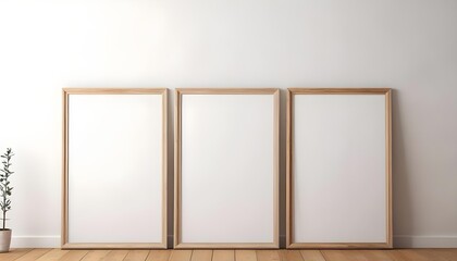 A white wall with three empty wooden frames, standing on a wooden floor