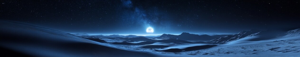 Obraz premium Majestic Milky Way Over Vast Desert Dunes: Starry Night Sky Illuminates Pristine Landscape. Cosmic Solitude Captured in Wide-Angle, Long Exposure Astrophotography. Ethereal Moonlit Scene for Nature, S