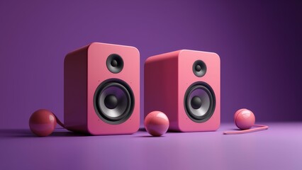 Minimalist pink stereo speakers on a purple background Concept of online news and social media...