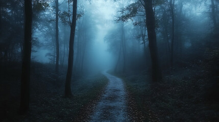 Obraz premium A mysterious forest pathway at dusk with eerie atmosphere and dense trees, perfect for Halloween-themed events or nature adventure promotions.