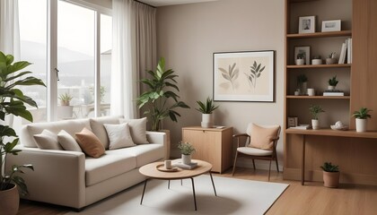 Fototapeta premium A modern and cozy living room with a beige sofa, a wooden coffee table, a potted plant, and framed artwork on the wall. 