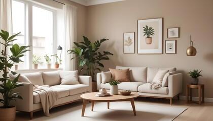Fototapeta premium A modern and cozy living room with a beige sofa, a wooden coffee table, a potted plant, and framed artwork on the wall. 