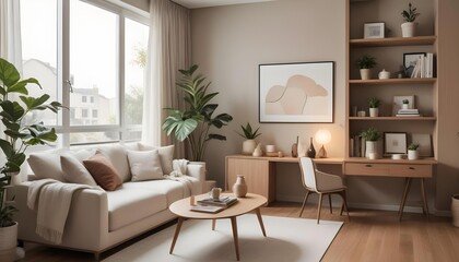 A modern and cozy living room with a beige sofa, a wooden coffee table, a potted plant, and framed artwork on the wall. 