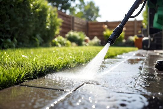 Washing Sidework Path by Pressure Washer with Landscaping Grass. Jet Washing or Pressure Cleaning Garden Floor Outside.
