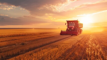 Fototapeta premium Farm Tractor Harvesting Crops in a Soybean Field Under a Clear Sky