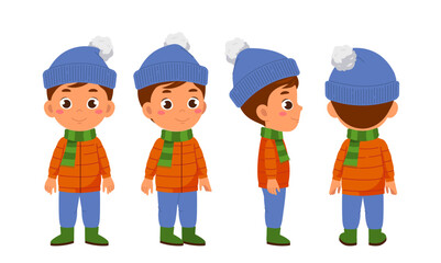 Winter boy constructor. Schoolboy in warm clothes. Kit for creating animations. Pack of character in different poses. Kid in jacket and hat. Flat vector collection