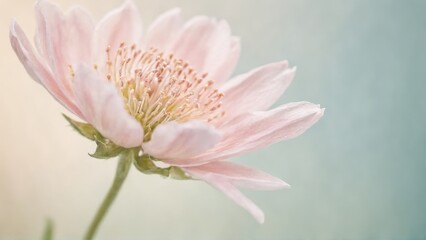 Fototapeta premium A delicate soft pink flower in close-up with gently blurred pastel background, capturing the intricate details of the petals and stamens in a dreamy and serene atmosphere.