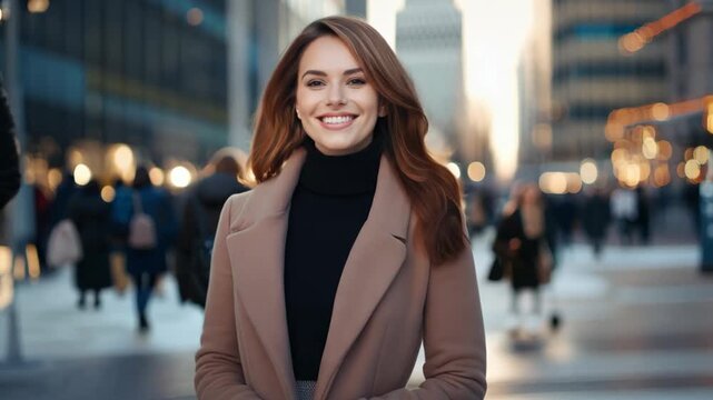 pretty woman smart and confident look smiling walking in urban city street, businesswoman with optimistic mood with gentle breeze wind blow
