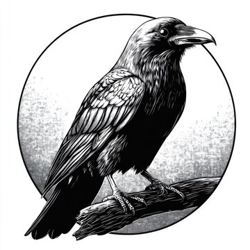 recommend clip art: Black and white Vintage engraved art of a raven in a circular stamp logo style, isolated on white background, ink sketch illustration, simple vector art design, highly detailed line art