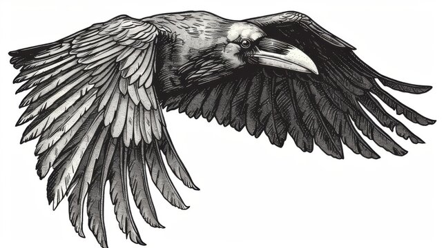 Black and white Vintage engraved art of a raven in flight, isolated on white background, ink sketch illustration, simple vector art design, highly detailed line art, high contrasty 