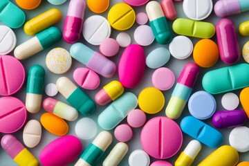 Vibrant Assortment of Colorful Medication Pills and Tablets Detailed for Medical and Pharmaceutical Themed Content