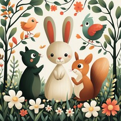 Obraz premium Cute cartoon animals, bunny, squirrel, and bird, in a colorful forest illustration filled with flowers and greenery.