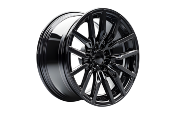 Glossy black wheel Alloy car wheels Rim or Mag Wheel high performance auto part decoration isolated on cut out PNG or transparent background. Realistic template pattern. Beautiful car accessories.