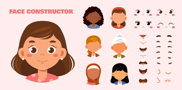 Woman face constructor. Little girl in earrings, face constructors of different ethnicities. Set of lips, lips and eyes to create avatars. Flat vector collection