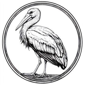 recommend clip art: Black and white Vintage engraved art of a stork in a circular stamp logo style, isolated on white background, ink sketch illustration, simple vector art design, highly detailed line art, 