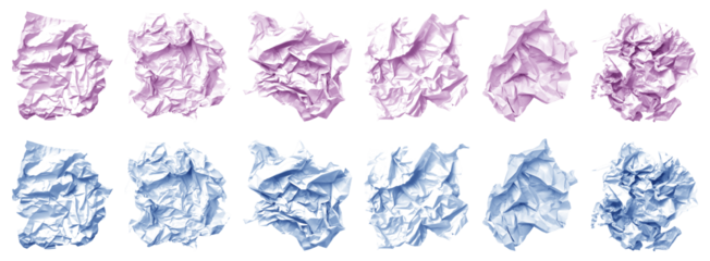 Collection set of pastel light blue purple crumple wrinkle crushed scrunch ripped irregular shape paper on transparent cutout, PNG file. Many different design. Mockup template artwork graphic